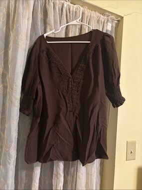 SHEIN Brown V-Neck Peasant Tunic with Lace Trim